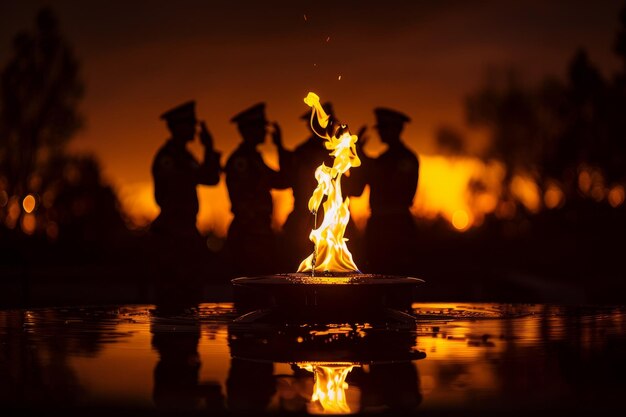 Un grupo de soldados de pie alrededor de un fuego con una persona orando