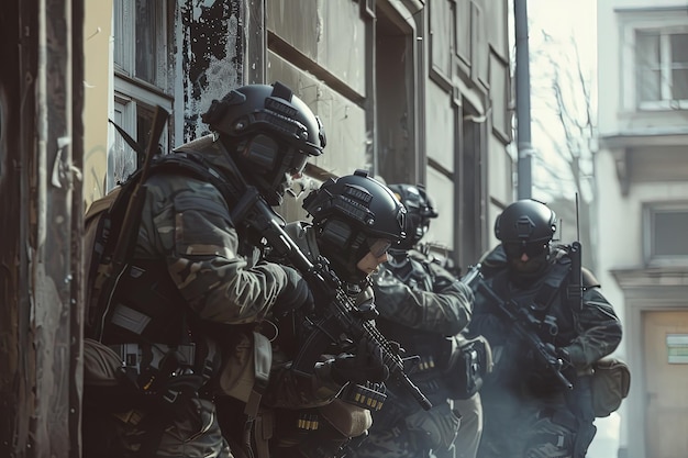 Un grupo de soldados de pie frente a un edificio