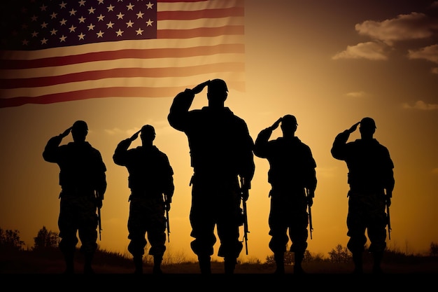 Un grupo de soldados saludando frente a una bandera estadounidense.