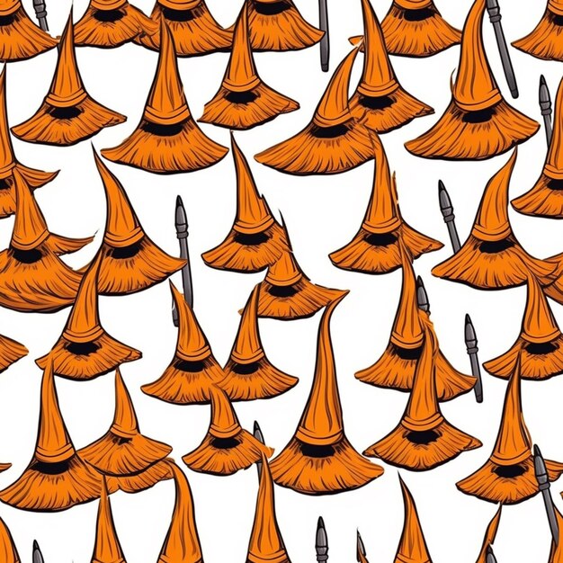 Foto un grupo de sombreros de brujas naranjas con ojos negros y un sombrero puntiagudo generativo ai