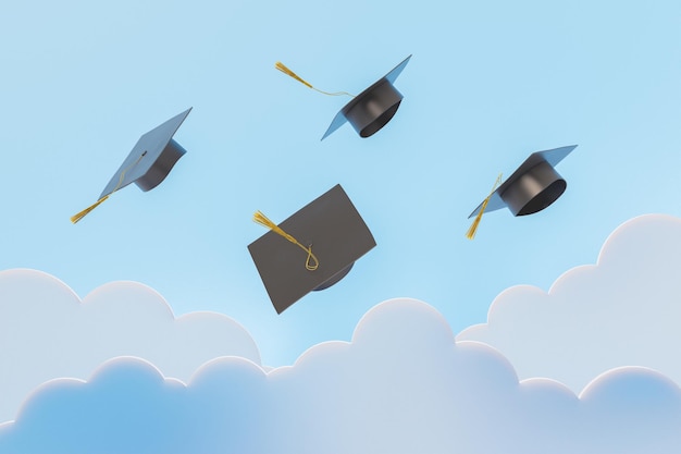 grupo de sombreros de graduación arrojados juntos en el cielo azul con nubes