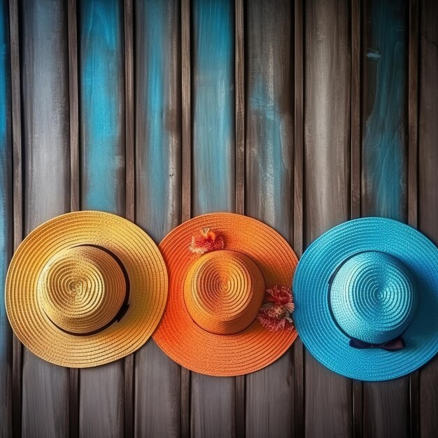 Foto un grupo de sombreros sobre una superficie de madera arte generativo con ia