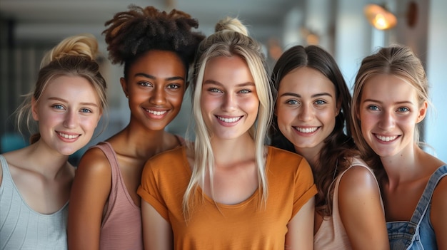 Un grupo sonriente de amigos diversos posando juntos en el interior