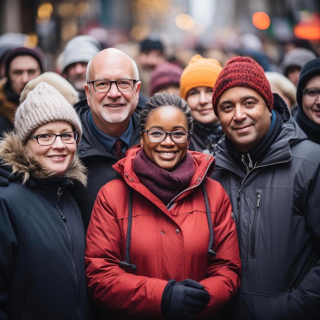 Grupo sonriente de personas durante un evento de invierno