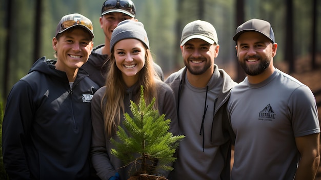 grupo sonriente de personas paradas en un bosque sosteniendo un pequeño árbol IA generativa