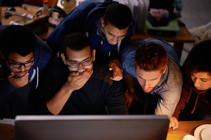 Foto grupo sorpresa y amigos con computadora internet y emociones con reacción y expresión personas hombres y jugadores con pc y conmocionado con noticias en línea y noche con cooperación y omg con wow