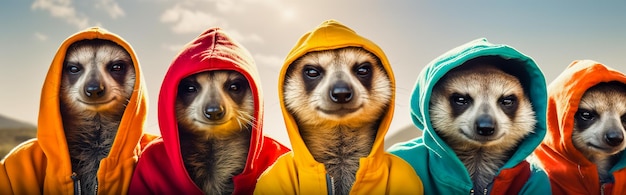 Foto grupo de suricatas con abrigos y capuchones de colores