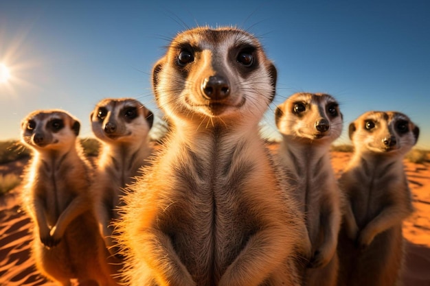 Un grupo de suricatas están de pie en fila.