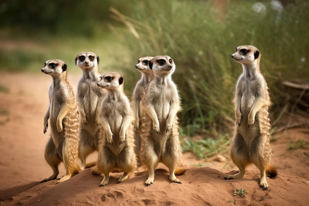 Grupo de suricatas de pie sobre su pata trasera