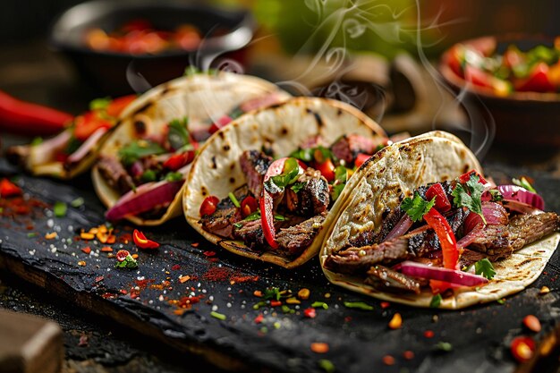 un grupo de tacos con carne y verduras en una superficie negra