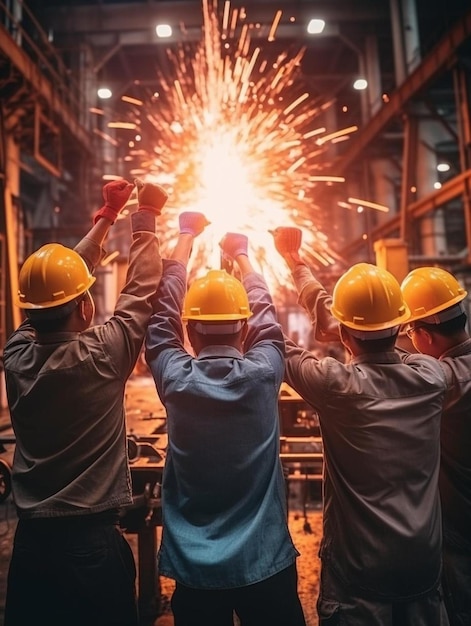 grupo de técnicos, ingenieros o trabajadores en uniforme de protección con casco de pie y apilado