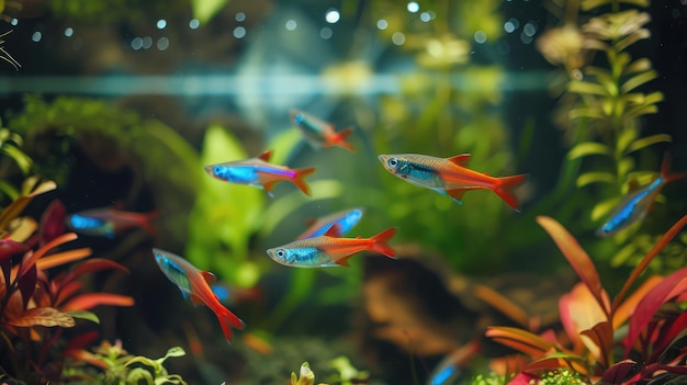 grupo de tetras de neón que añaden ráfagas de color a un paisaje de acuario bien decorado