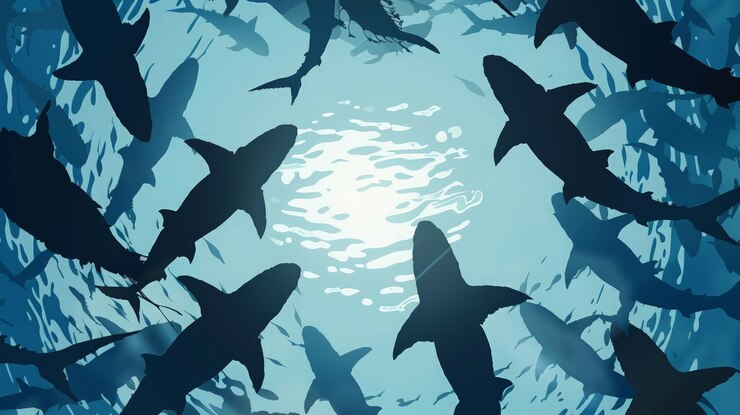 Un grupo de tiburones nadando hacia la superficie