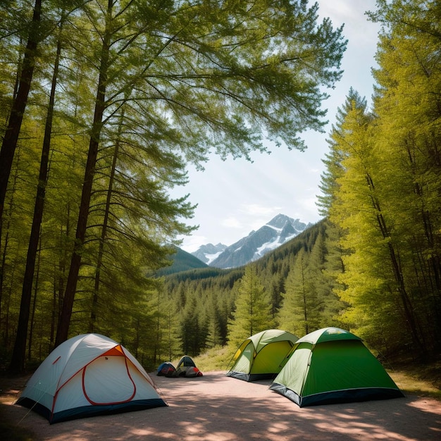 Un grupo de tiendas de campaña se encuentran en un bosque con una montaña al fondo.