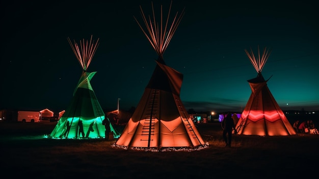 Un grupo de tipis se iluminan por la noche.