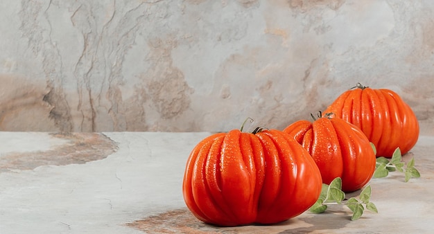 Un grupo de tomates grandes Costoluto con orégano en un espacio de fondo marrón para texto