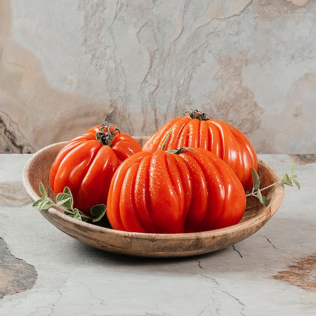 Un grupo de tomates grandes Costoluto con orégano en un espacio de fondo marrón para texto