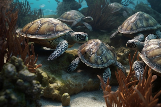 Un grupo de tortugas marinas en un arrecife de coral