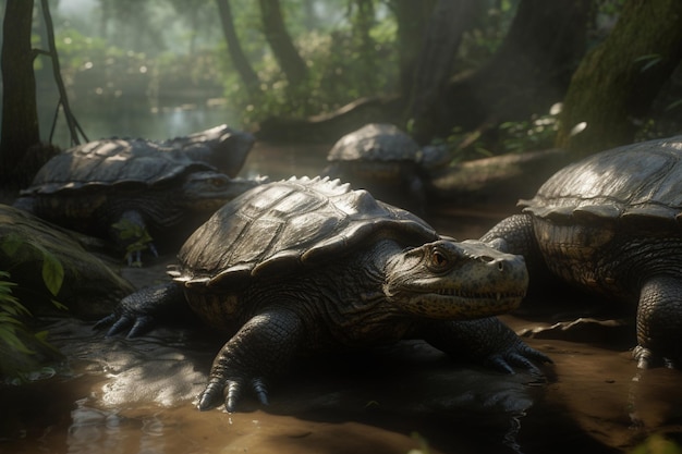 Un grupo de tortugas en un pantano con árboles al fondo