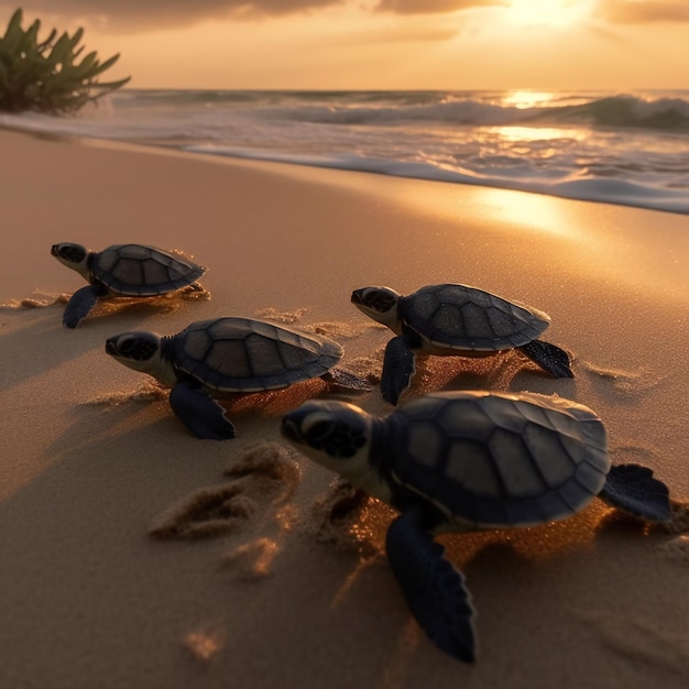 Un grupo de tortugas en la playa.