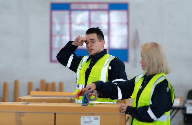 Grupo de trabajadores en un almacén de piezas de automóviles Empaquetando pequeñas piezas en cajas después de inspeccionar las piezas de automóvil.