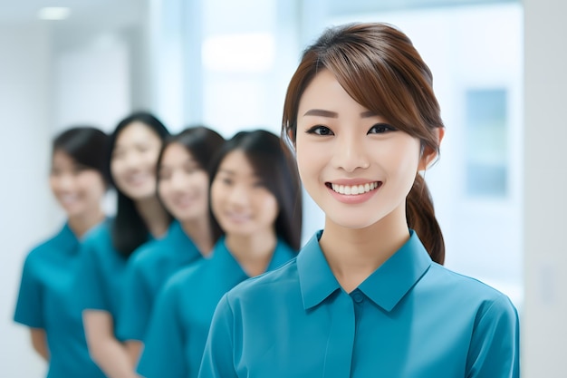 Un grupo de trabajadores de la clínica de cuidado de la piel vestidos de azul