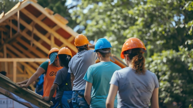 Grupo de trabajadores de la construcción con cascos y equipo de seguridad trabajando en un proyecto de construcción
