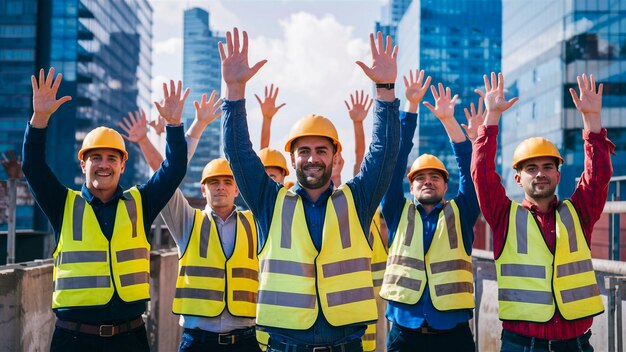 un grupo de trabajadores de la construcción están de pie en un grupo con los brazos levantados