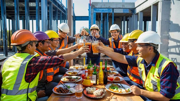 Foto un grupo de trabajadores de la construcción están sentados en una mesa con bebidas y botellas de cerveza