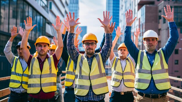 un grupo de trabajadores de la construcción están usando chalecos amarillos y chalecos