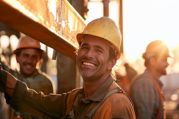 Un grupo de trabajadores de la construcción que trabajan juntos para levantar una viga en su lugar sonriendo mientras coordinan sus esfuerzos