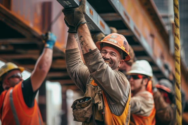 Un grupo de trabajadores de la construcción que trabajan juntos para levantar una viga en su lugar sonriendo mientras coordinan sus esfuerzos