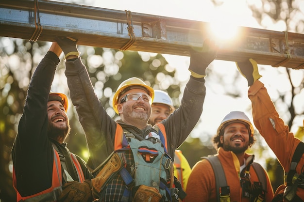 Un grupo de trabajadores de la construcción que trabajan juntos para levantar una viga en su lugar sonriendo mientras coordinan sus esfuerzos