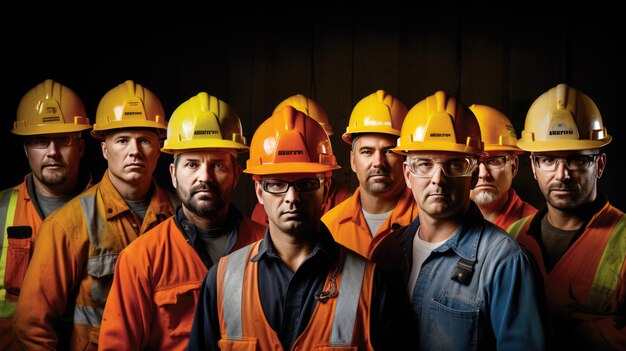 Grupo de trabajadores de la construcción en uniforme.