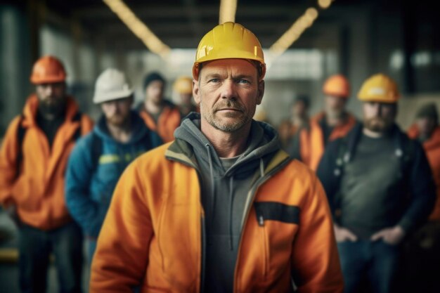 Grupo de trabajadores constructores e ingenieros de pie juntos en el fondo de la fábrica celebración del Día del Trabajo Trabajadores de diferentes nacionalidades en uniformes y cascos de construcción de seguridad generaron IA