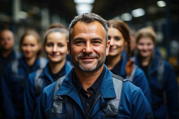 Grupo de trabajadores de diferentes industrias que trabajan en el almacén de la fábrica.