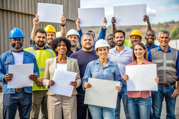 Un grupo de trabajadores diversos de pie en la unidad