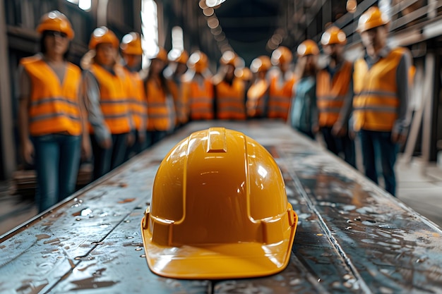 Grupo de trabajadores de la fábrica con cascos de pie en una fila