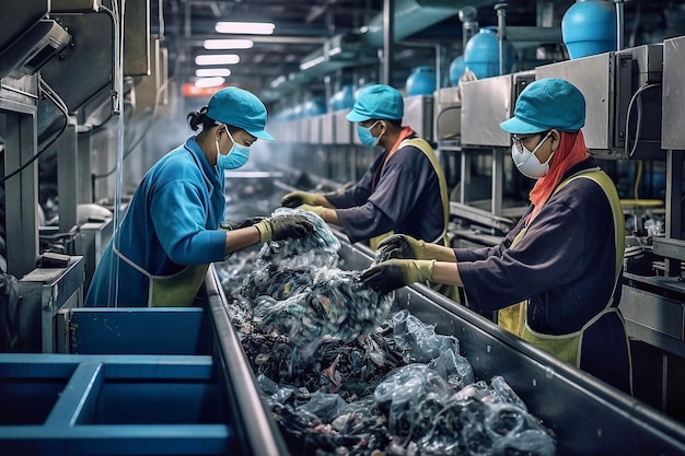 Grupo de trabajadores de la fábrica clasificando la basura