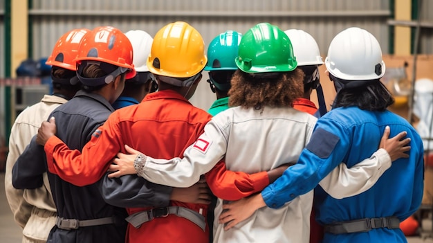 Un grupo de trabajadores de fábrica que exhiben cascos coloridos unidos en trabajo en equipo y propósito compartido