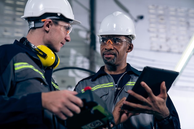 Grupo de trabajadores de fábrica que utilizan equipos de máquinas expertos en un taller