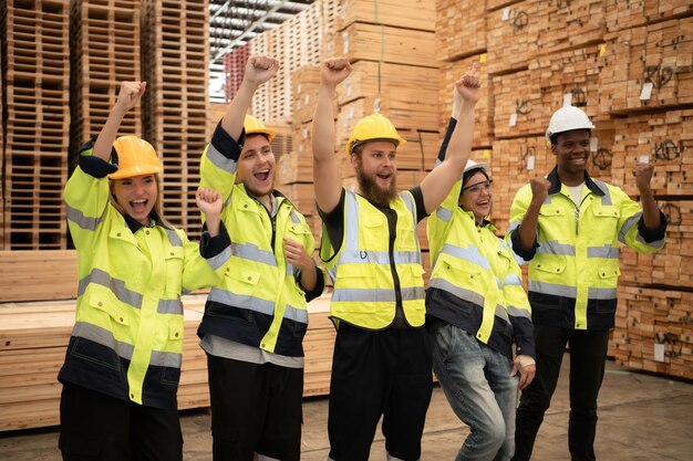 Foto grupo de trabajadores en una gran fábrica de madera se divierten levantando los brazos después de completar los días.