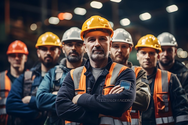 Grupo de trabajadores ingenieros trabajo en equipo personas diversas mezcla raza en la industria pesada de pie confiado