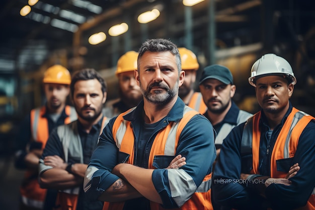 Grupo de trabajadores ingenieros trabajo en equipo personas diversas mezcla raza en la industria pesada de pie confiado