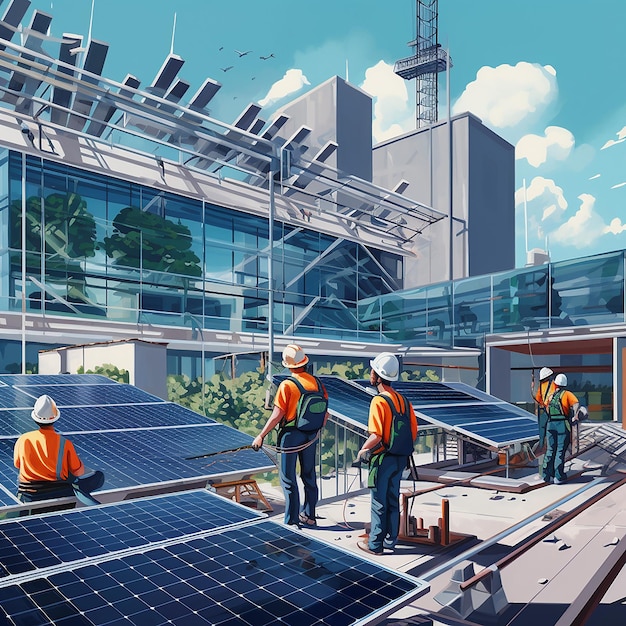 Un grupo de trabajadores mirando un edificio súper moderno con grúas al fondo y paneles solares.