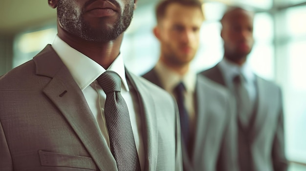 Un grupo de trabajadores de oficina vestidos con trajes de negocios formales y corbatas de pie juntos