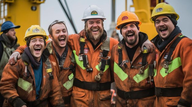 grupo de trabajadores de plataformas petroleras marinas que usan equipo de protección personal