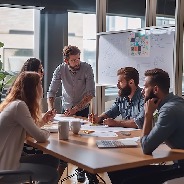 un grupo de trabajadores profesionales discutiendo sobre proyectos