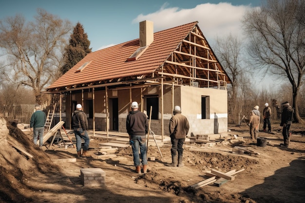 Grupo de trabajadores que construyen una cabaña moderna que muestra el proceso de construcción y el uso de técnicas y materiales de construcción modernos IA generativa