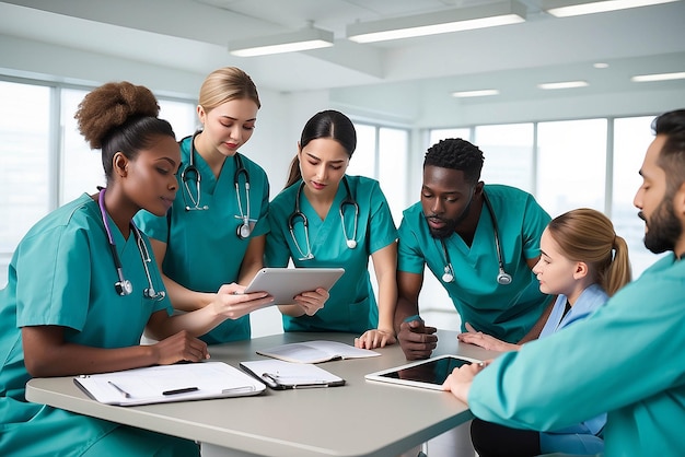 Grupo de trabajadores de la salud con tableta digital reunidos en la sala de juntas del hospital Personal médico durante la sesión informativa de la mañana